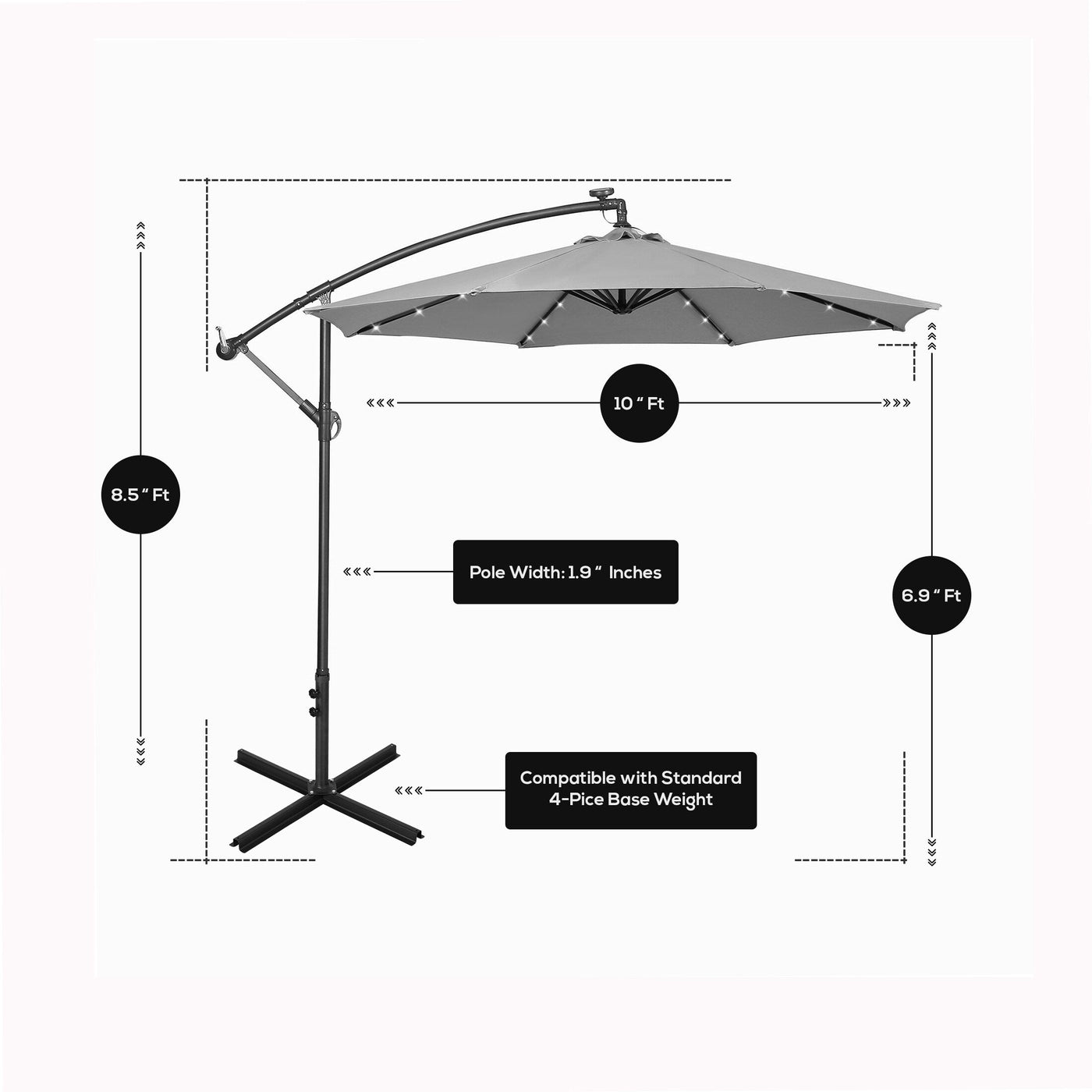 Parasol de terrasse éclairé à énergie solaire de 3 m avec pied