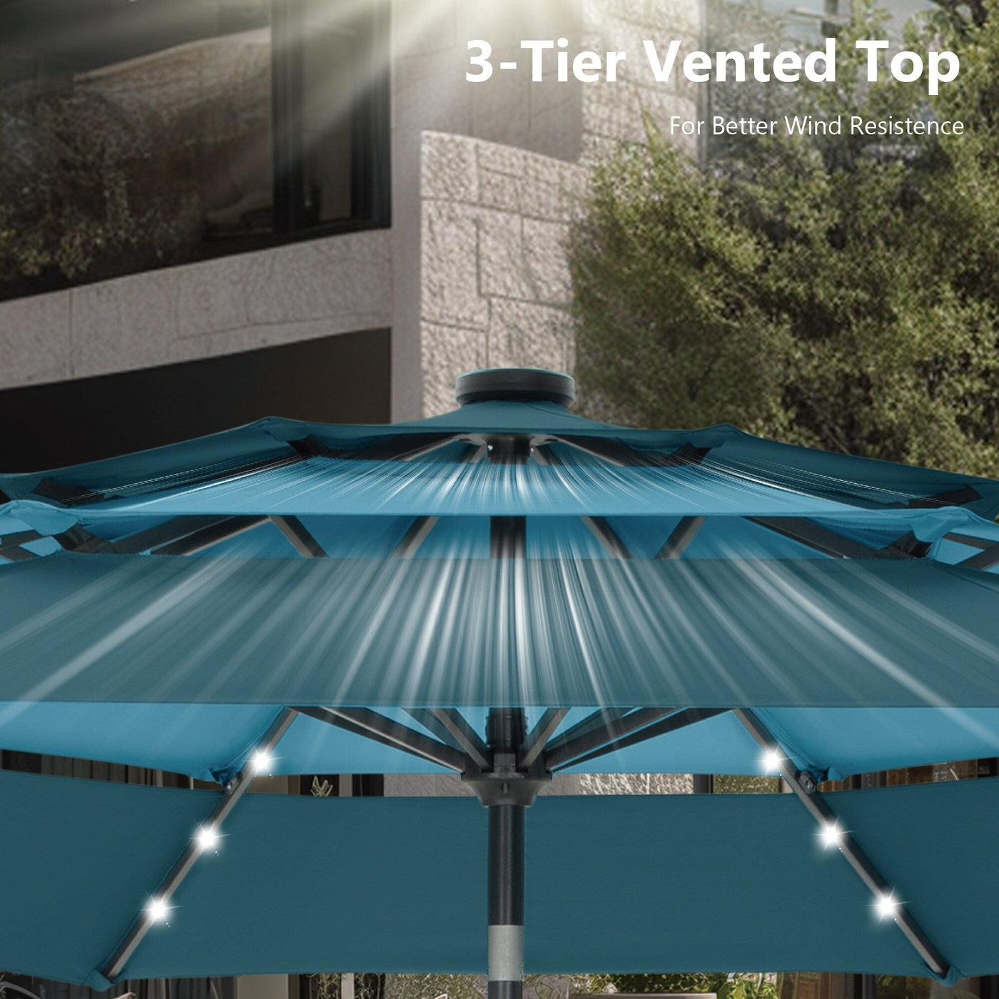Parasol de terrasse inclinable à 3 niveaux de 10 pieds de MAISON ARTS, parasol d'extérieur à double ventilation avec lumières LED