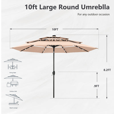 Parasol de terrasse inclinable à 3 niveaux de 10 pieds de MAISON ARTS, parasol d'extérieur à double ventilation avec lumières LED