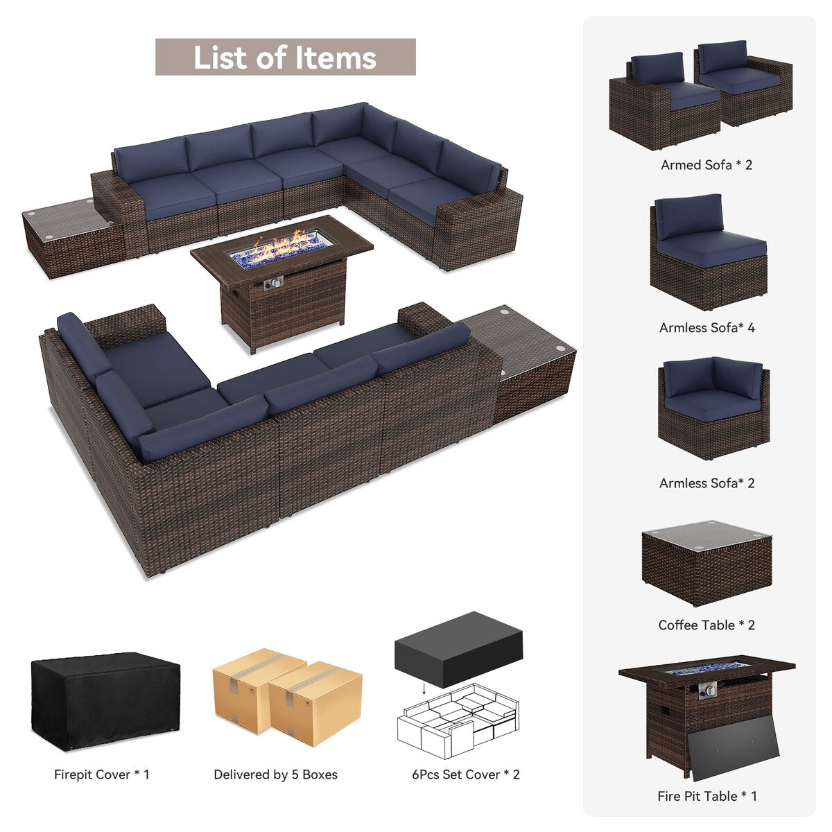 Ensemble de meubles de patio 13 pièces avec table de foyer 44