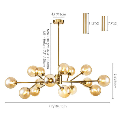 Lustre linéaire moderne à 15 lumières pour îlot de cuisine Sputnik avec branches en verre et bulles