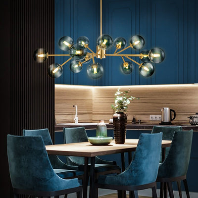 Lustre linéaire moderne à 15 lumières pour îlot de cuisine Sputnik avec branches en verre et bulles