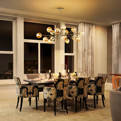 Lustre linéaire moderne à 15 lumières pour îlot de cuisine Sputnik avec branches en verre et bulles