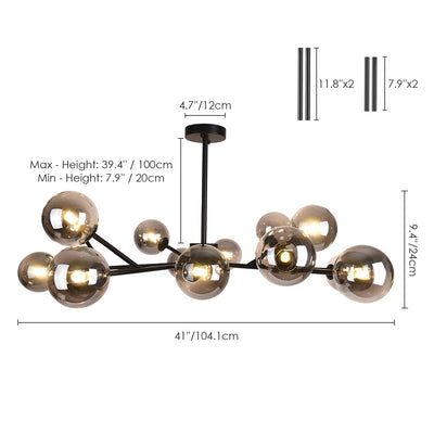 Lustre linéaire moderne à 15 lumières pour îlot de cuisine Sputnik avec branches en verre et bulles
