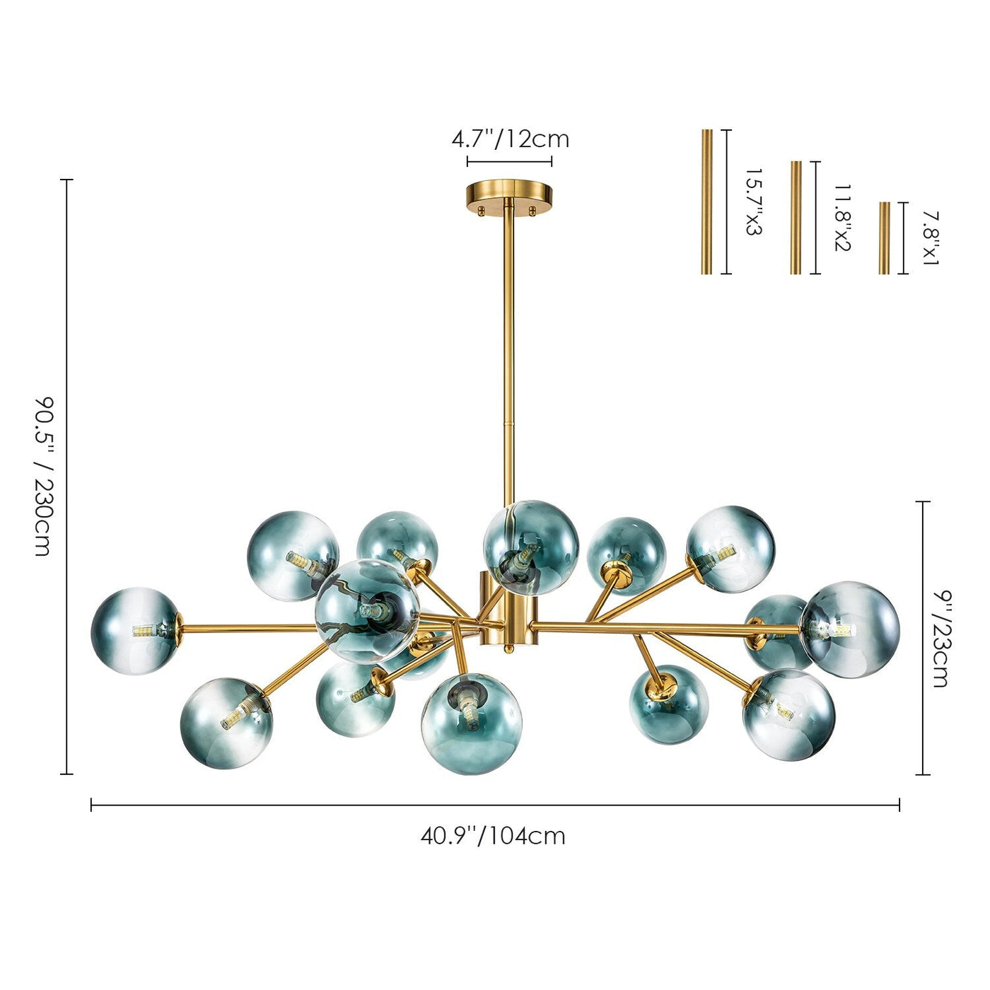 Lustre linéaire moderne à 15 lumières pour îlot de cuisine Sputnik avec branches en verre et bulles