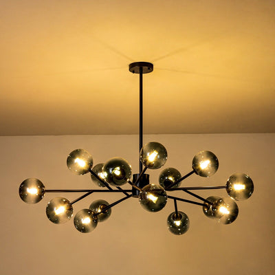 Lustre linéaire moderne à 15 lumières pour îlot de cuisine Sputnik avec branches en verre et bulles