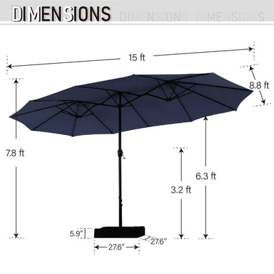 Parasol de marché extérieur rectangulaire à manivelle double face de 15 pieds, parasol de patio éclairé par LED solaire avec base incluse