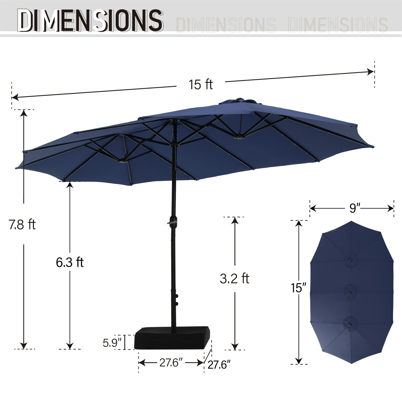 MAISON ARTS Parasol de marché extérieur rectangulaire à manivelle double face de 15 pieds Parasol de patio éclairé par LED solaire avec base incluse