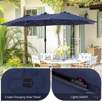 Parasol de marché extérieur rectangulaire à manivelle double face de 15 pieds, parasol de patio éclairé par LED solaire avec base incluse