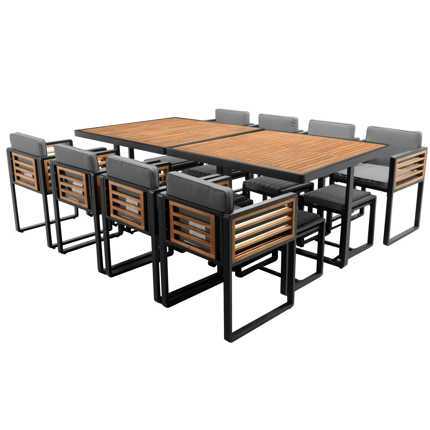 Ensemble de salle à manger de patio en bois d'acacia 18 pièces, 8 chaises rembourrées, 8 poufs et 2 tables carrées