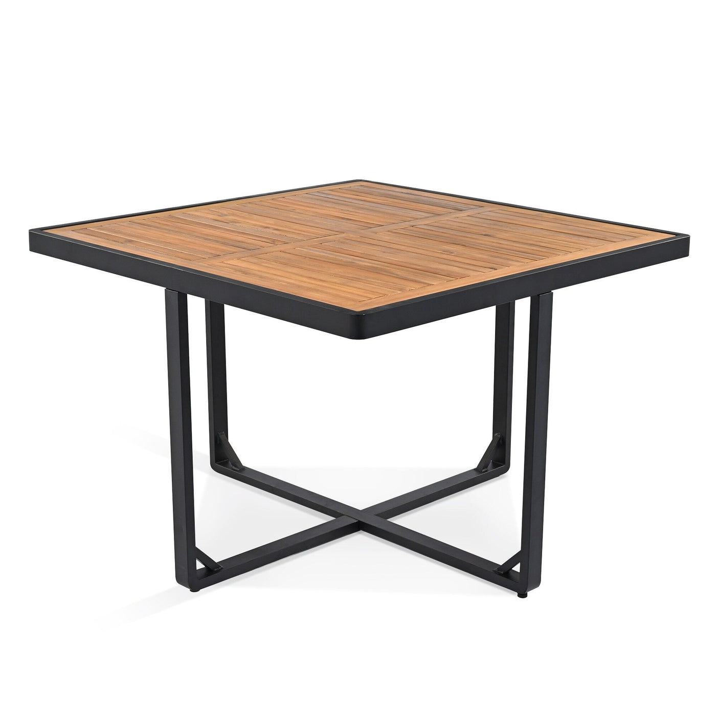 Ensemble de salle à manger de patio en bois d'acacia 18 pièces, 8 chaises rembourrées, 8 poufs et 2 tables carrées