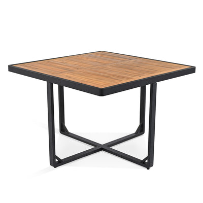 Ensemble de salle à manger de patio en bois d'acacia 18 pièces, 8 chaises rembourrées, 8 poufs et 2 tables carrées