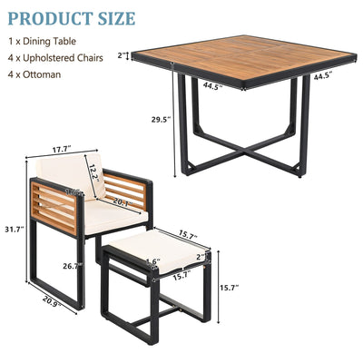 Ensemble de salle à manger de patio en bois d'acacia 18 pièces, 8 chaises rembourrées, 8 poufs et 2 tables carrées