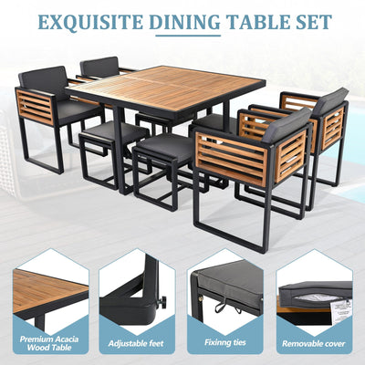 Ensemble de salle à manger de patio en bois d'acacia 18 pièces, 8 chaises rembourrées, 8 poufs et 2 tables carrées