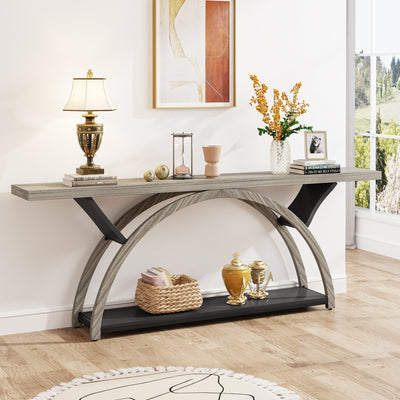 Console étroite à 2 niveaux avec cadre semi-circulaire pour entrée, tables d'appoint de couloir grises