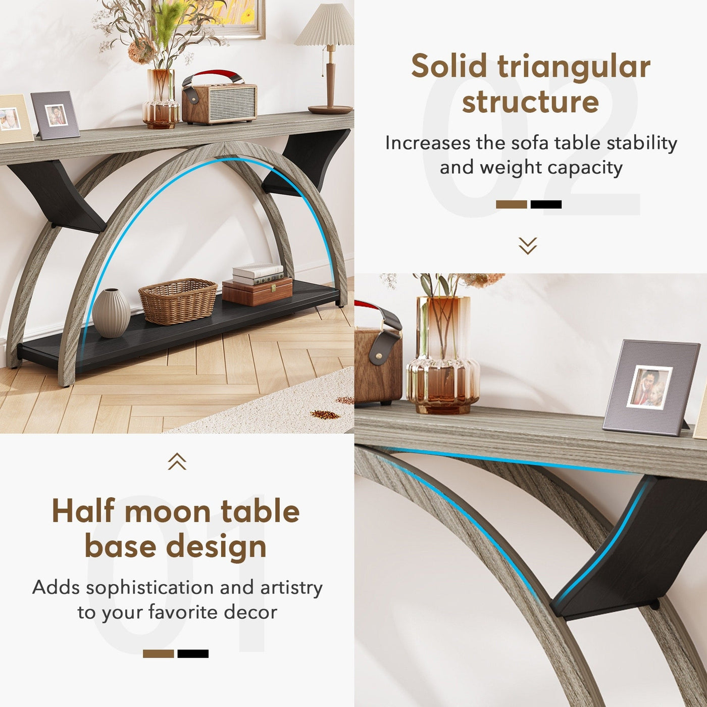 Console étroite à 2 niveaux avec cadre semi-circulaire pour entrée, tables d'appoint de couloir grises