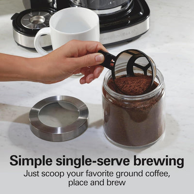 Cafetière 2 voies 12 tasses et doseur individuel, carafe en verre, pause et versement automatiques, noir