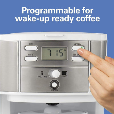 Cafetière 2 voies 12 tasses et doseur individuel, carafe en verre, pause et versement automatiques, blanche