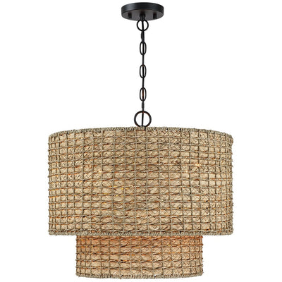 Suspension tambour traditionnelle en rotin naturel à 4 lumières avec auvent noir - Noir/ocre - 50,8 cm de largeur