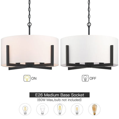 Lustre suspendu noir mat à 4 lumières de 22 po avec abat-jour tambour blanc - 22 W