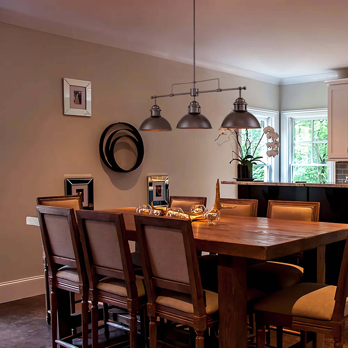 Suspension en forme de dôme de style industriel à 3 lampes, style ferme, en métal, pour îlot de cuisine linéaire, finition bronze huilé