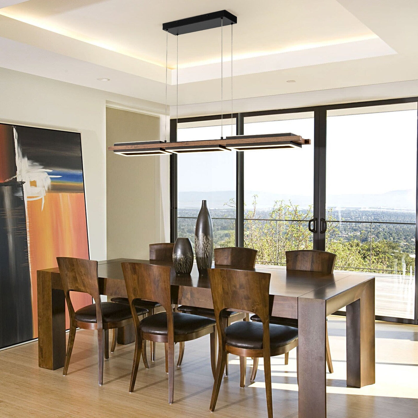 Lustre linéaire en bois à 3/5 lumières LED intégrées pour îlot de cuisine