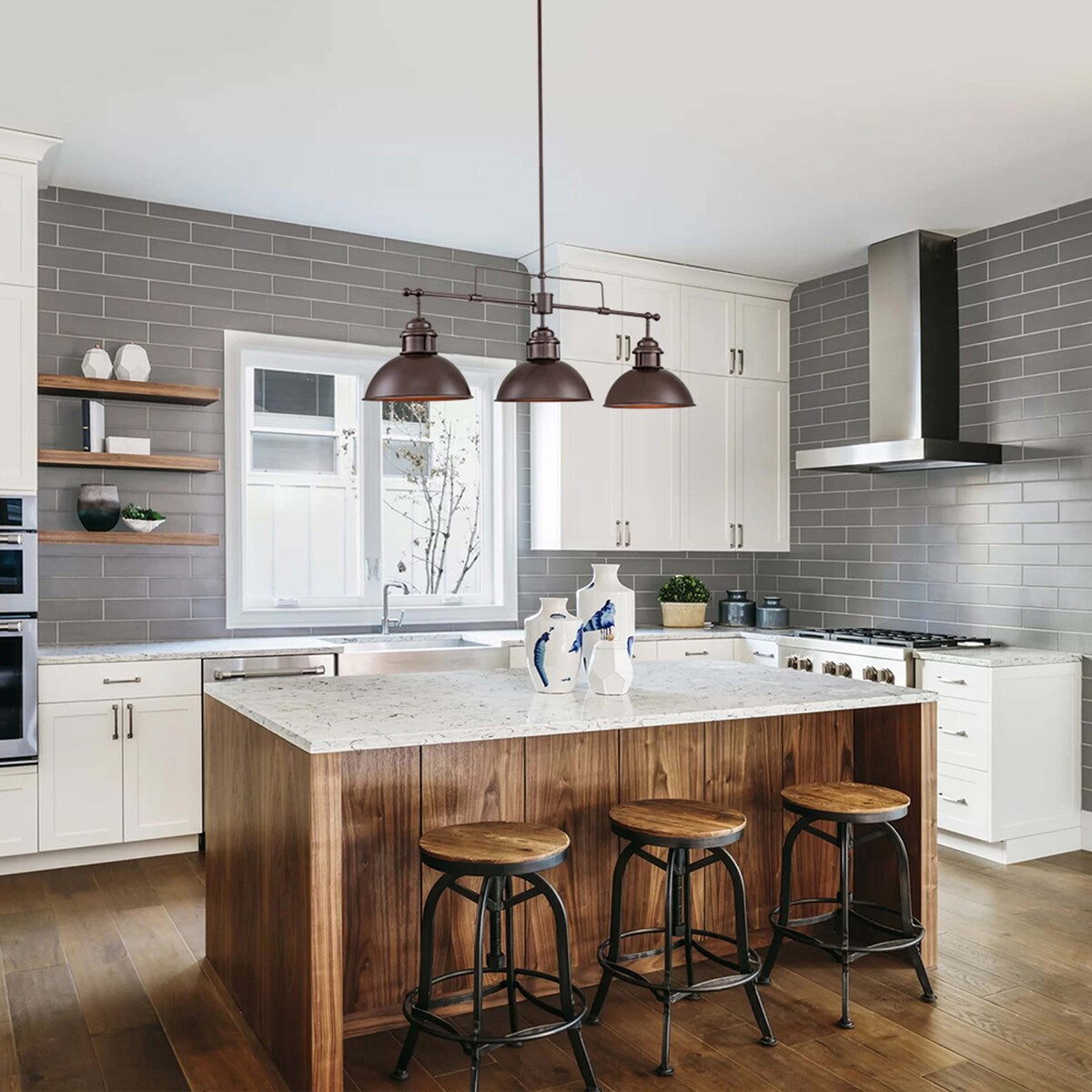 Suspension en forme de dôme de style industriel à 3 lampes, style ferme, en métal, pour îlot de cuisine linéaire, finition bronze huilé