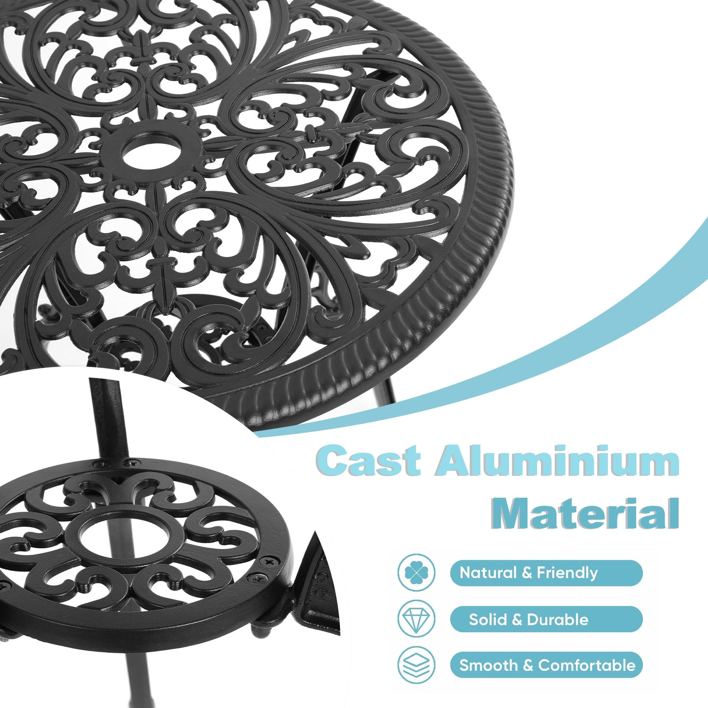 Ensemble de 3 tables et chaises papillon en aluminium pour patio extérieur avec trou pour parasol