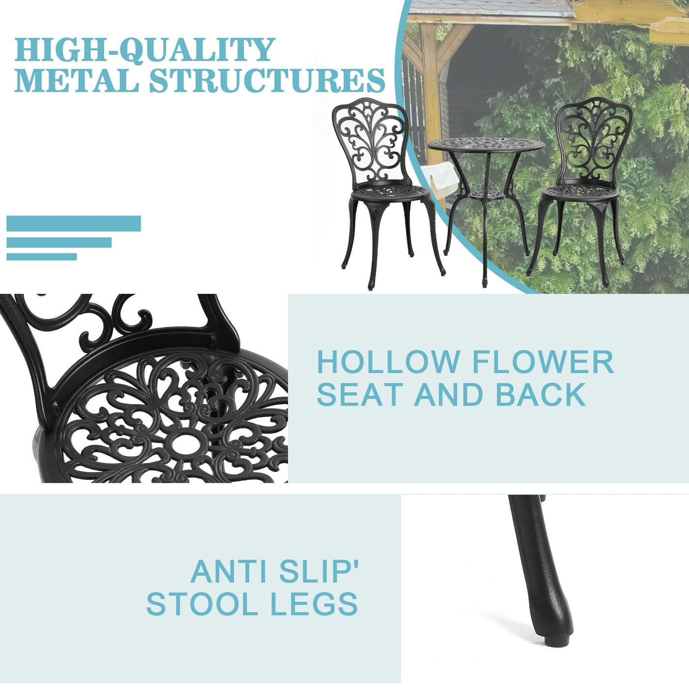 Ensemble de 3 tables et chaises papillon en aluminium pour patio extérieur avec trou pour parasol