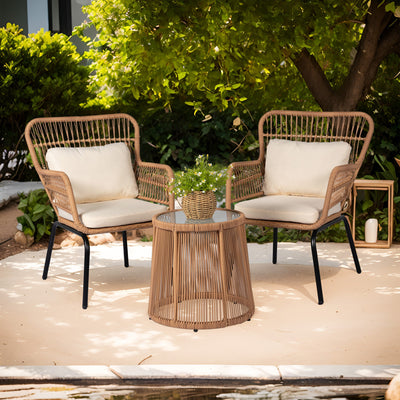 Ensemble de bistrot d'extérieur 3 pièces en osier, mobilier de jardin en rotin toutes saisons, chaises de patio avec coussins