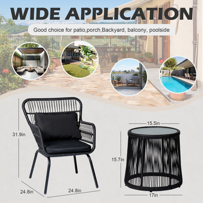 Ensemble de bistrot d'extérieur 3 pièces en osier, mobilier de jardin en rotin toutes saisons, chaises de patio avec coussins