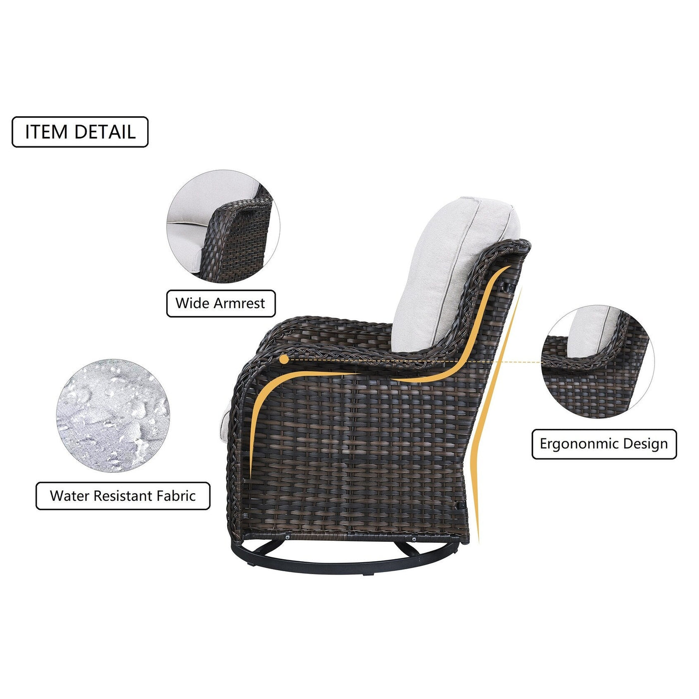 Fauteuil à bascule pivotant d'extérieur Gymojoy 3 pièces en osier avec coussin et table