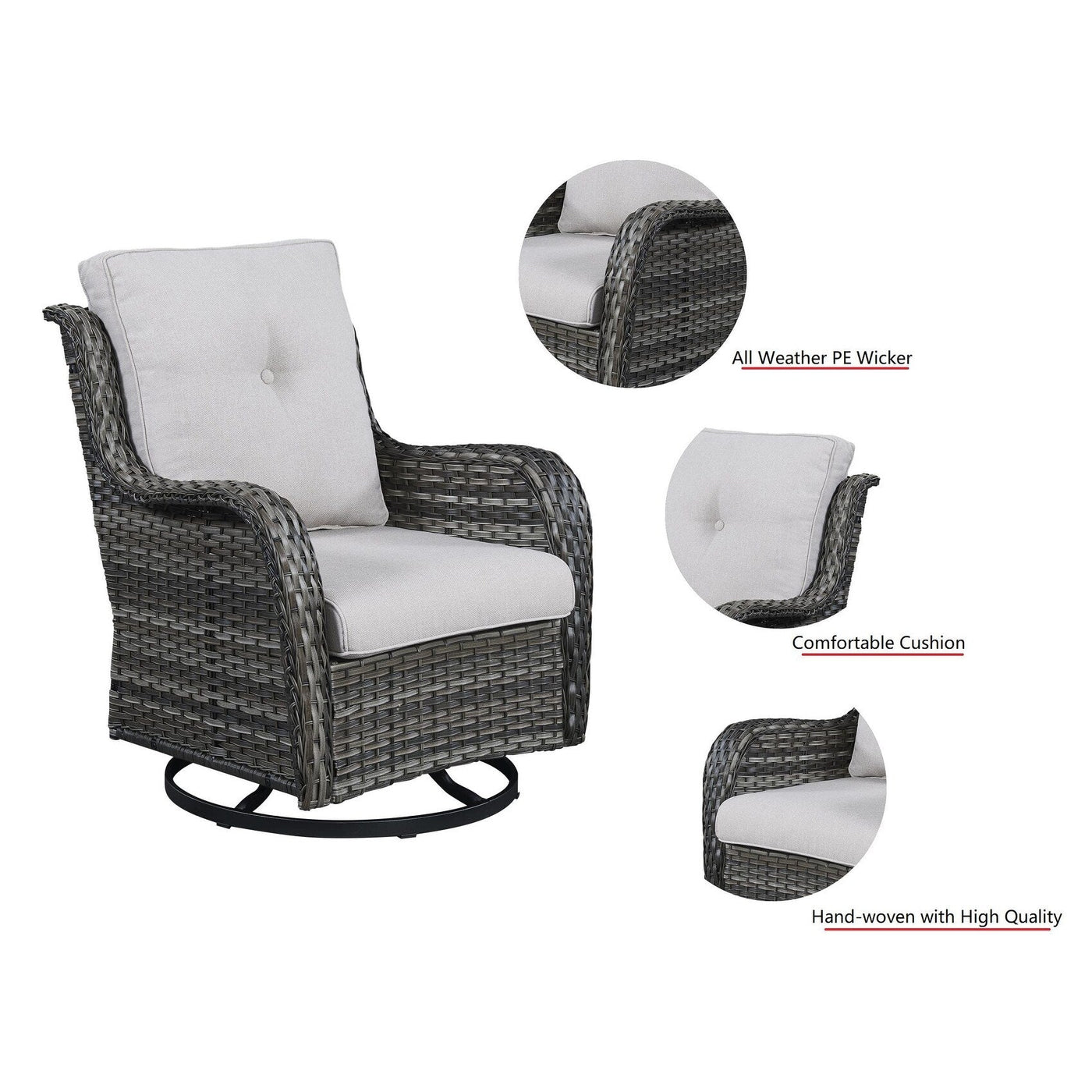 Fauteuil à bascule pivotant d'extérieur Gymojoy 3 pièces en osier avec coussin et table
