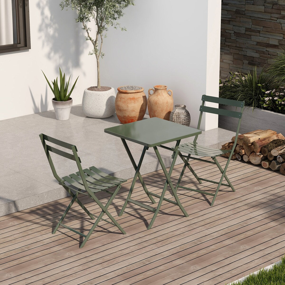 Ensemble bistro minimaliste de patio 3 pièces avec table carrée pliable et chaises - 3 pièces