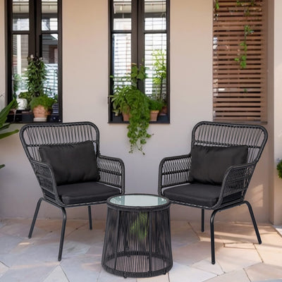 Ensemble de bistrot d'extérieur 3 pièces en osier, mobilier de jardin en rotin toutes saisons, chaises de patio avec coussins