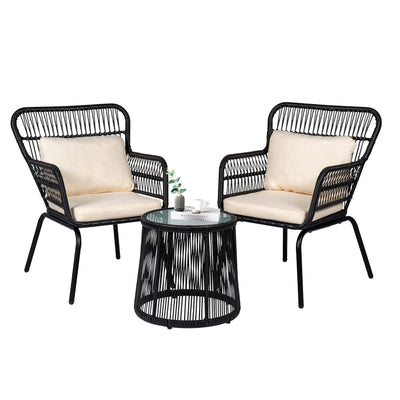 Ensemble de bistrot d'extérieur 3 pièces en osier, mobilier de jardin en rotin toutes saisons, chaises de patio avec coussins
