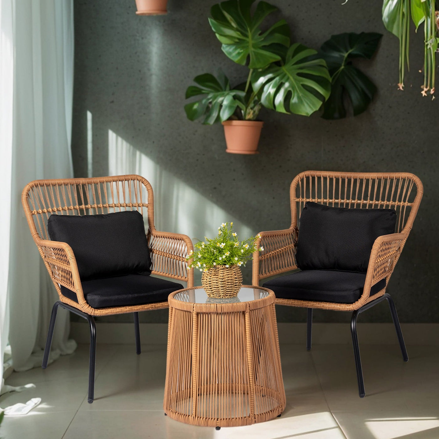 Ensemble de bistrot d'extérieur 3 pièces en osier, mobilier de jardin en rotin toutes saisons, chaises de patio avec coussins