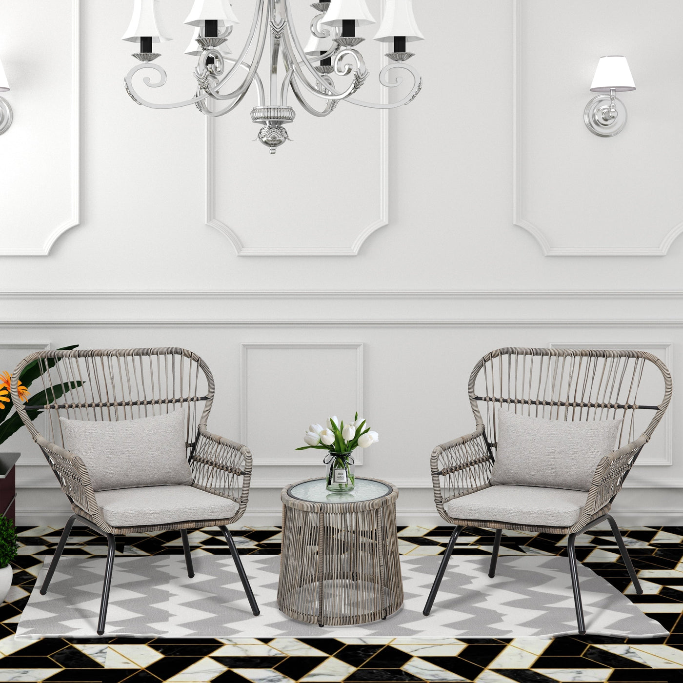 Ensemble de bistrot d'extérieur 3 pièces en osier, mobilier de jardin en rotin toutes saisons, chaises de patio avec coussins