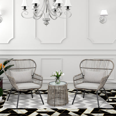 Ensemble de bistrot d'extérieur 3 pièces en osier, mobilier de jardin en rotin toutes saisons, chaises de patio avec coussins