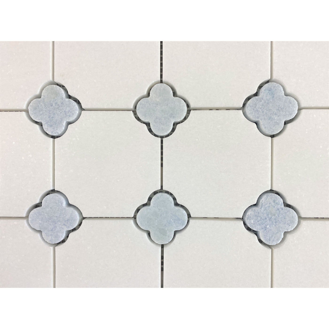Carreaux de mosaïque en marbre Thassos blanc avec motif de fleurs bleues célestes - Coffret (10 feuilles)