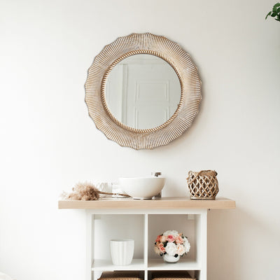 Miroir mural décoratif rond en bois de style bohème beige de 30 po pour salle de bain