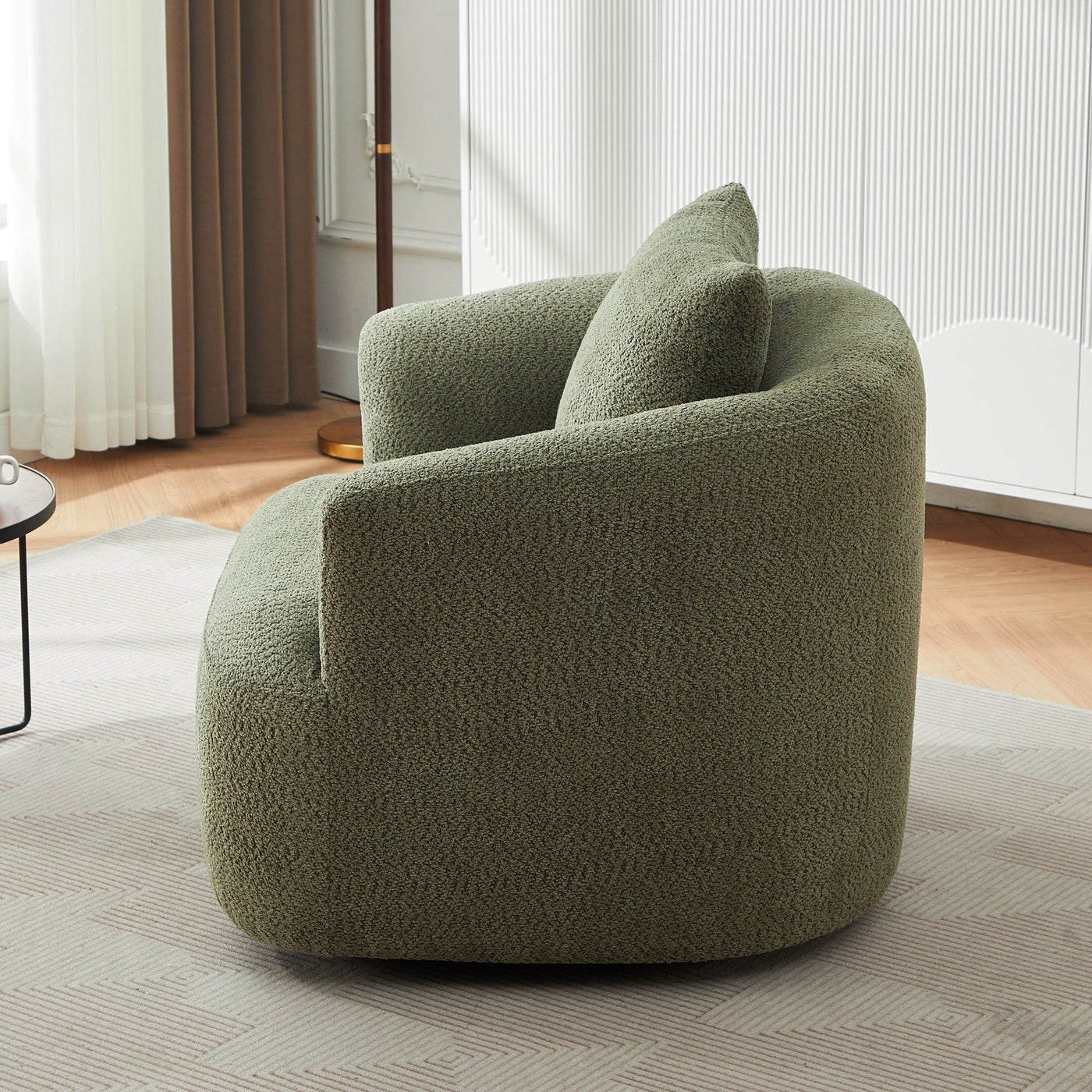 Fauteuil pivotant à 360°, fauteuil d'appoint Boucle 38,2" avec coussin décoratif, fauteuil rembourré en forme de tonneau avec accoudoirs incurvés