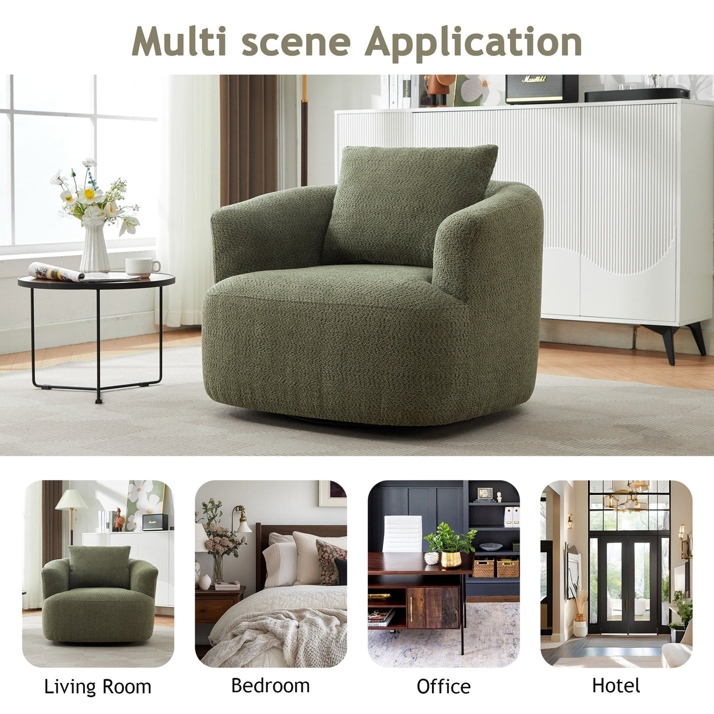 Fauteuil pivotant à 360°, fauteuil d'appoint Boucle 38,2" avec coussin décoratif, fauteuil rembourré en forme de tonneau avec accoudoirs incurvés