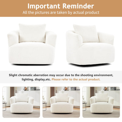 Fauteuil pivotant à 360°, fauteuil d'appoint Boucle 38,2" avec coussin décoratif, fauteuil rembourré en forme de tonneau avec accoudoirs incurvés