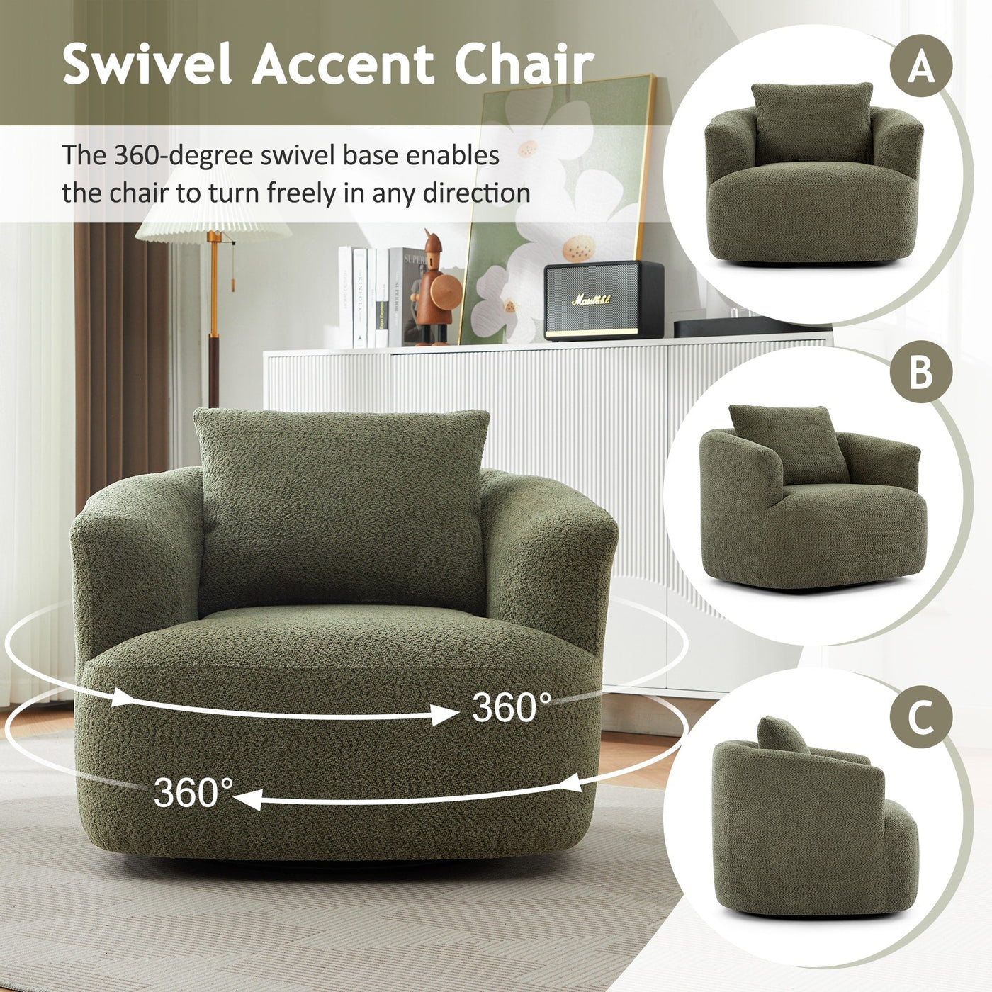 Fauteuil pivotant à 360°, fauteuil d'appoint Boucle 38,2" avec coussin décoratif, fauteuil rembourré en forme de tonneau avec accoudoirs incurvés