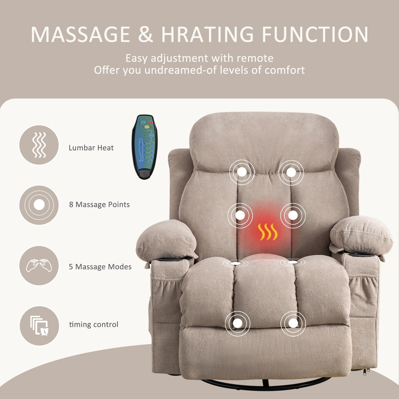 Fauteuil inclinable pivotant à 360° avec massage, chauffage, port USB et porte-gobelets