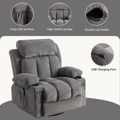 Fauteuil inclinable pivotant à 360° avec massage, chauffage, port USB et porte-gobelets