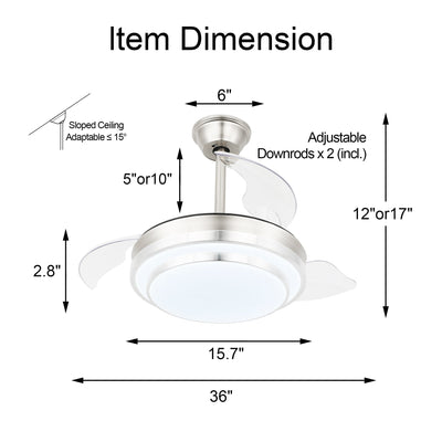 Ventilateur de plafond rétractable moderne Bella Depot 36 avec éclairage LED, pales réversibles à 6 vitesses et télécommande