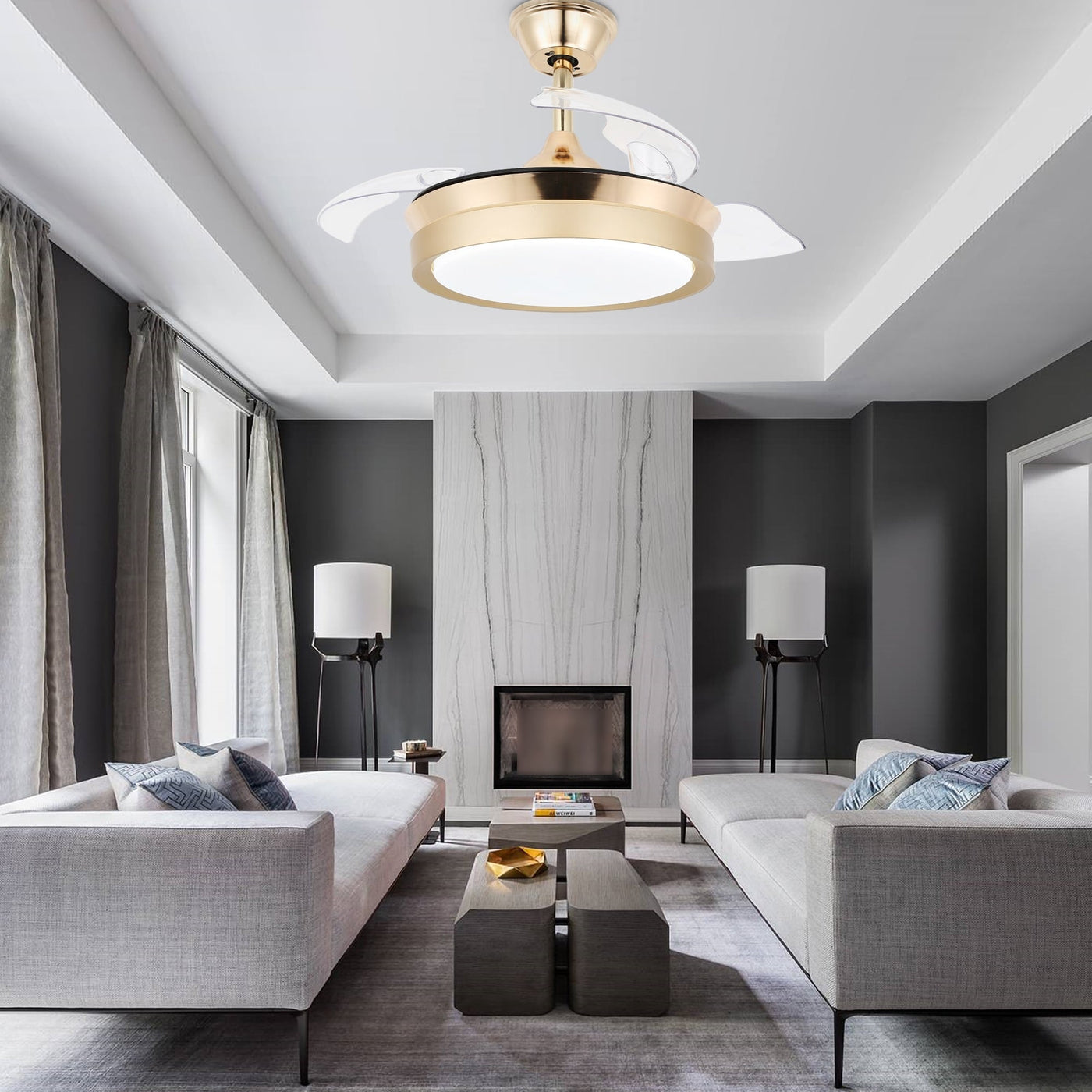 Ventilateur de plafond rétractable moderne Bella Depot 36 avec éclairage LED, pales réversibles à 6 vitesses et télécommande