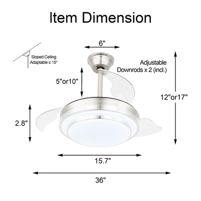 Ventilateur de plafond rétractable moderne Bella Depot 36 avec éclairage LED, pales réversibles à 6 vitesses et télécommande